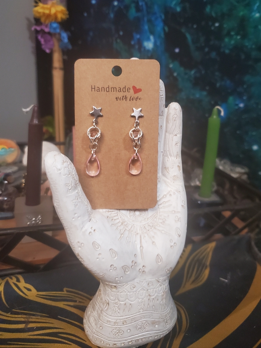 Handmade Pink Chainmail Weave With Teardrop Star  Hypoallergenic Earrings
